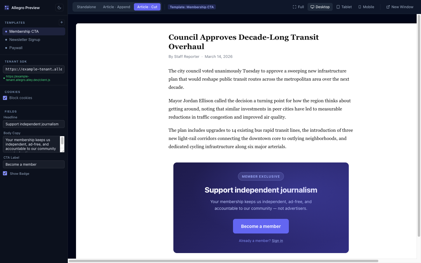The allegro-preview UI showing a Membership CTA template injected mid-article using the Article · Cut context, alongside the field editor sidebar
